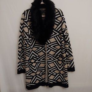 Black Rivet Womens Sweater Coat Geometrical Design Eyelash Faux Fur Pockets XL
